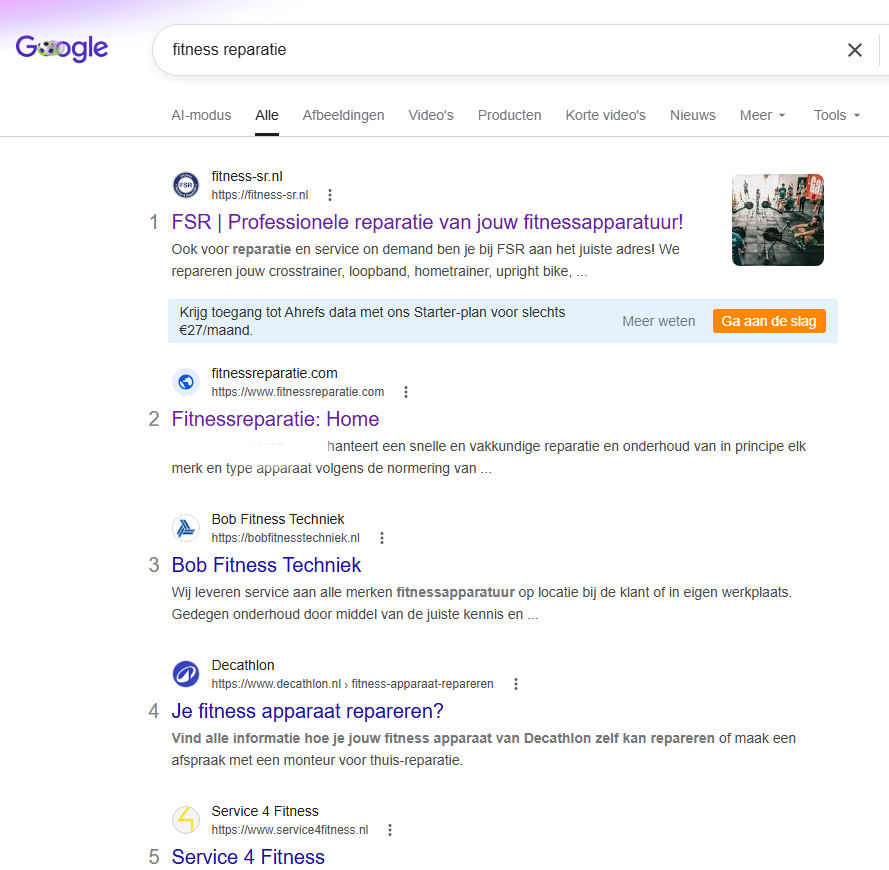 Nummer 2 positie in Google voor fitnessreparatie.com